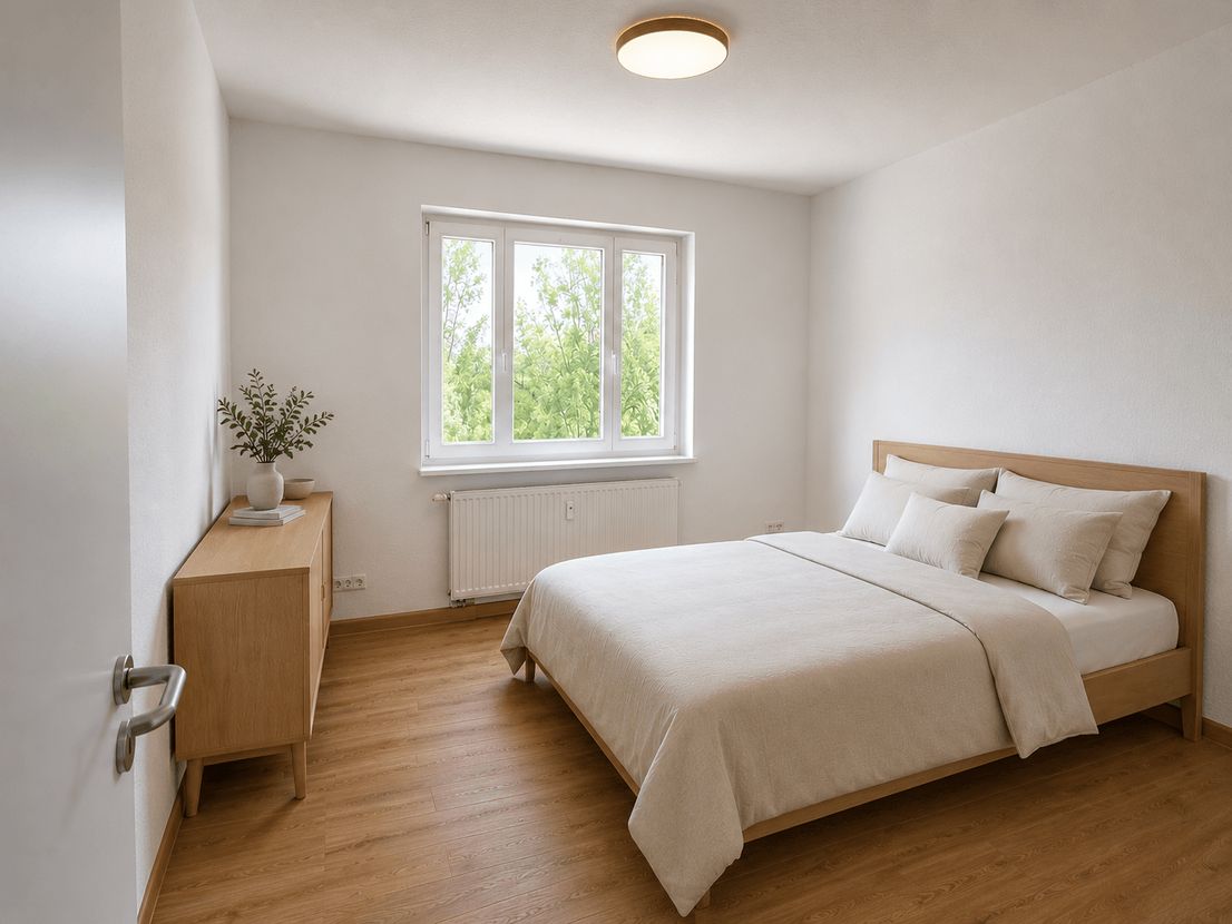 Schlafzimmer mit Doppelbett und Kommode in der möblierten Wohnung Dresden-Reick