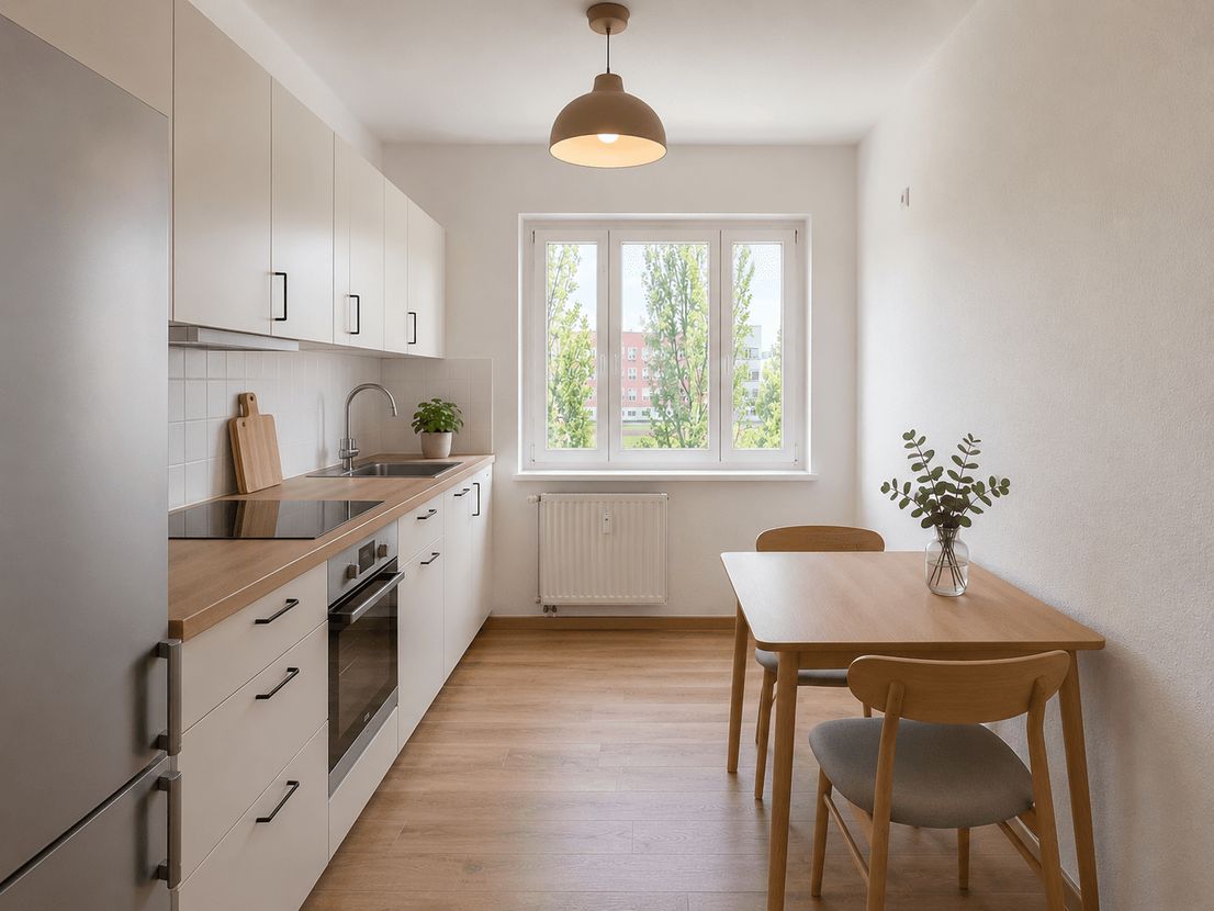 Küche mit Essbereich und Fensterblick – Trenta Living Wohnung in Dresden